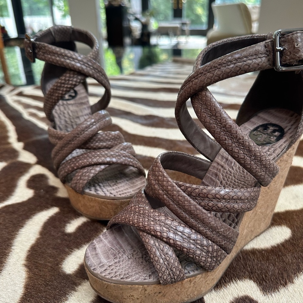 Tory Burch Textured Brown Wedge Sandals